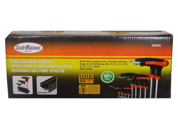10-dlg. T-Grip Inbus zeskant, 2-10 mm, kogelkop met rekje