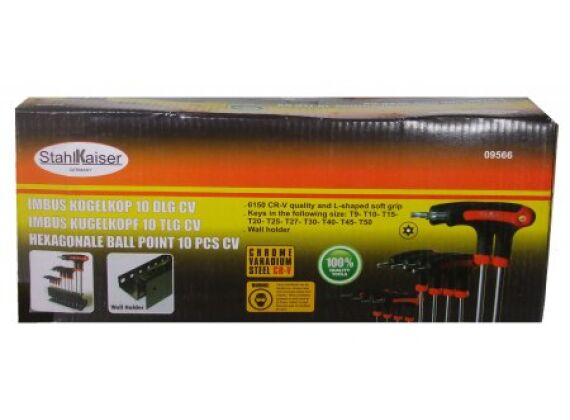 10-dlg. T-Grip sleutel Torx, T9-T50 met rekje