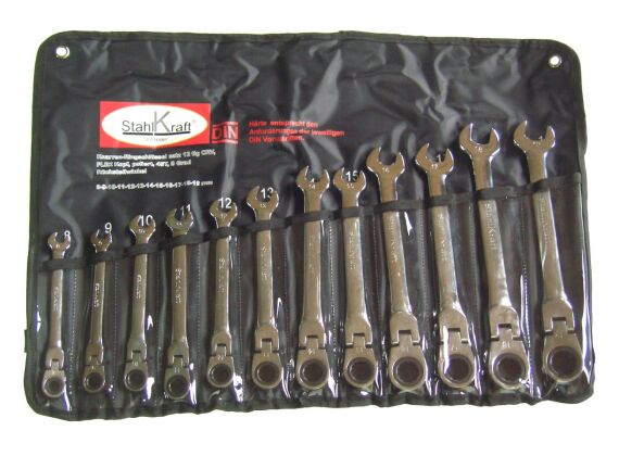 Ring-steekratel 12-dlg. 8 - 19 mm, Flex kop, CV, mat gepolijst