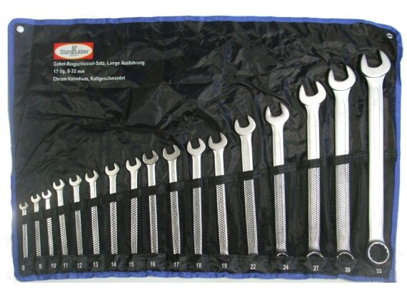 Ring-steeksleutelset 17-dlg. extra lang, 8 - 32 mm, CV, mat gepolijst