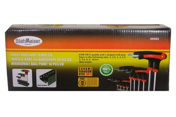 10-dlg. T-Grip Inbus zeskant, 2-10 mm, kogelkop met rekje