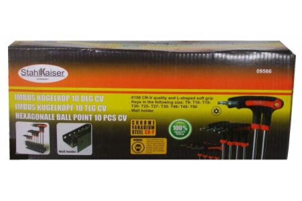 10-dlg. T-Grip sleutel Torx, T9-T50 met rekje