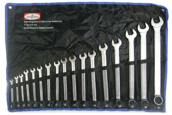 Ring-steeksleutelset 17-dlg. extra lang, 8 - 32 mm, CV, mat gepolijst